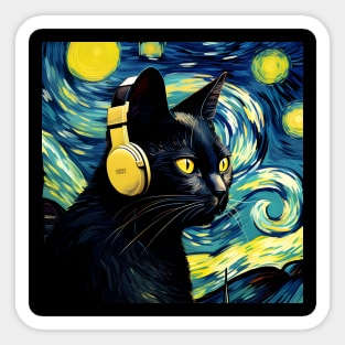 Starry Night Black Cat Wearing Headphones Sticker